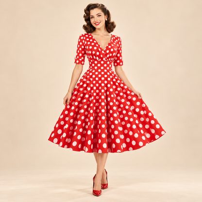 Robe Vintage Rockabilly 50s Rouge Pois portée en studio éditorial, format carré