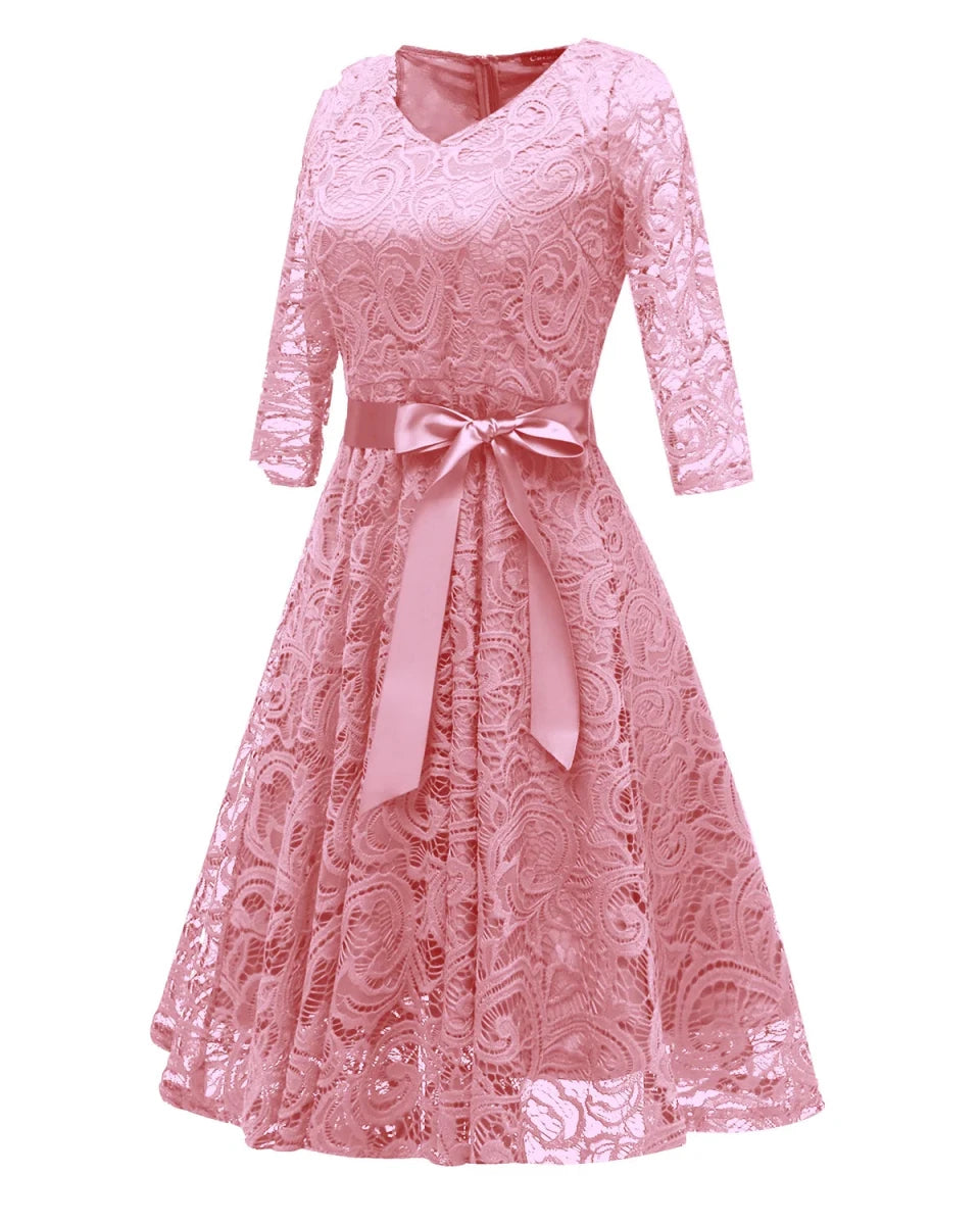 Robe vintage soirée manches longues rose - Louise Vintage