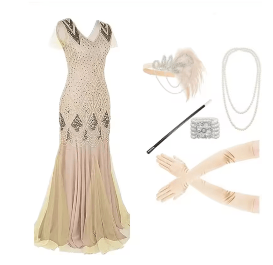 Tenue Années 20 Beige (Avec Accessoires) - Louise Vintage