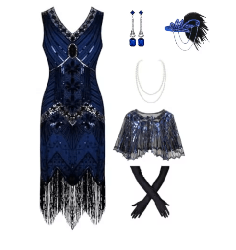 Tenue Années 20 Bleu (Avec Accessoires) - Louise Vintage