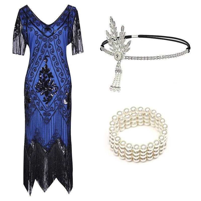 Robe Charleston Année 20 Bleu (Avec Accessoires)