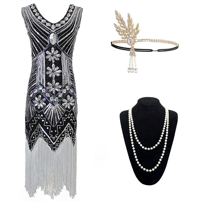 Robe Année 20 Gatsby Argent (Avec Accessoires)
