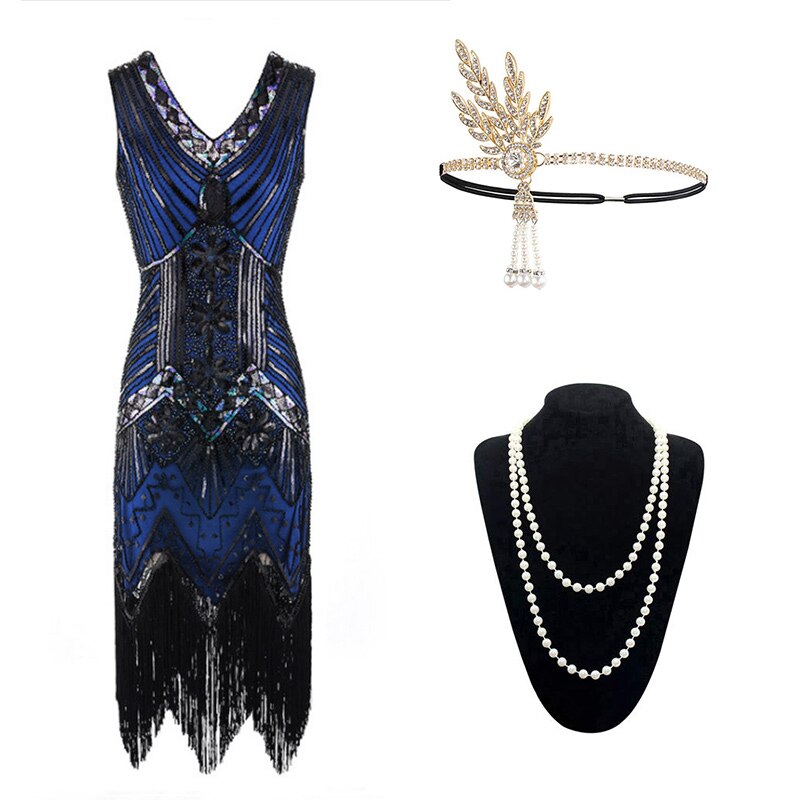 Robe Année 20 Gatsby Bleue et Noire (Avec Accessoires)