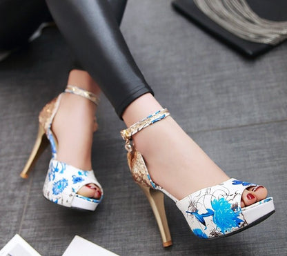 Chaussures Pin Up Fleurs Bleu - Louise Vintage