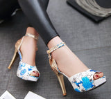 Chaussures Pin Up Fleurs Bleu - Louise Vintage