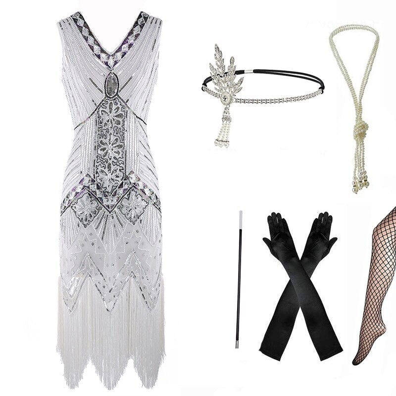 Robe Année 20 Femme Ronde Blanche (Avec Accéssoires) - Louise Vintage