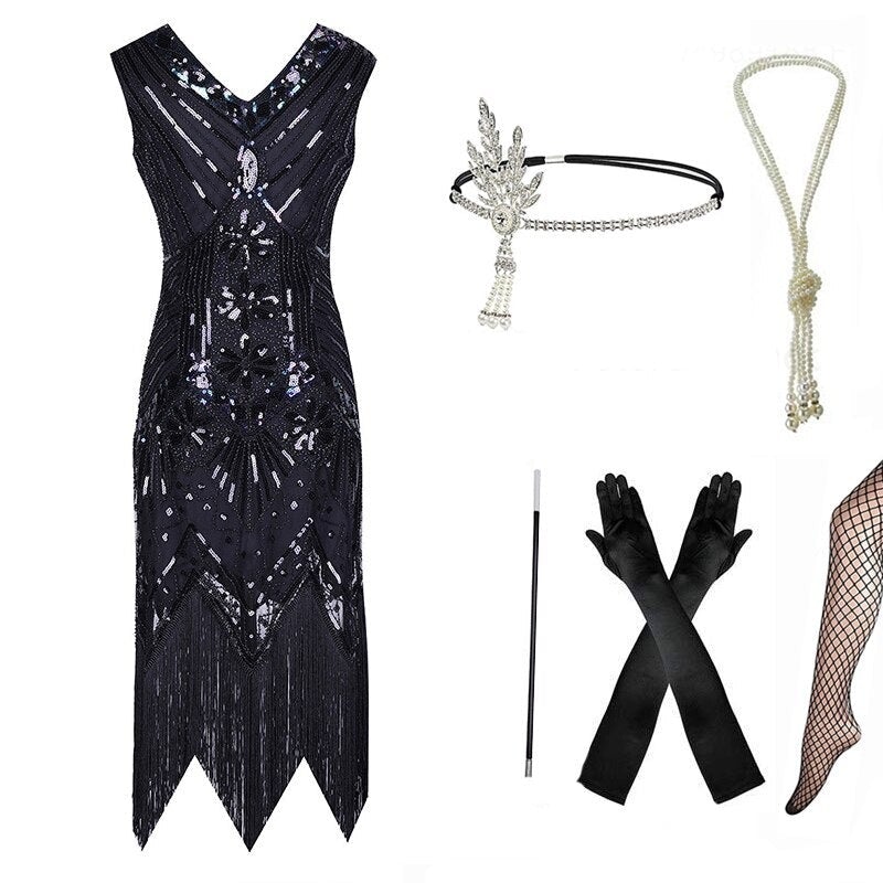 Robe Année 20 Femme Ronde Noire (Avec Accéssoires) - Louise Vintage