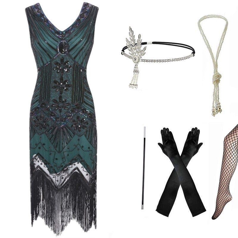 Robe Année 20 Femme Ronde Verte (Avec Accéssoires) - Louise Vintage