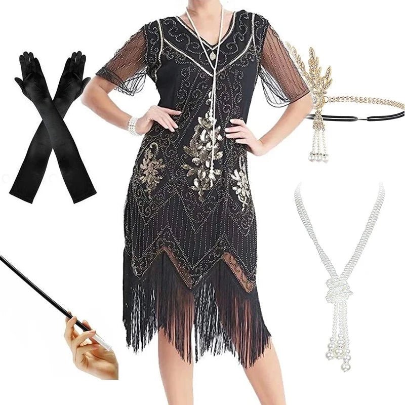 Robe Année 20 Grande Taille Noire et Dorée (Avec Accessoires) - Louise Vintage