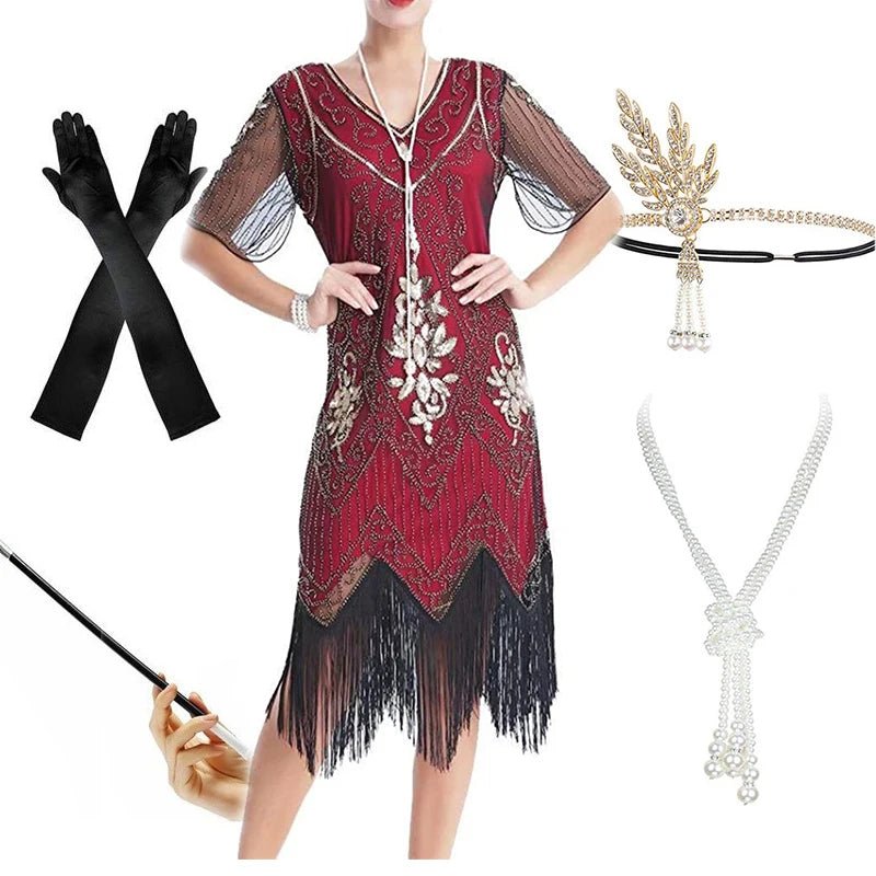 Robe Année 20 Grande Taille Rouge Dorée (Avec Accessoires) - Louise Vintage