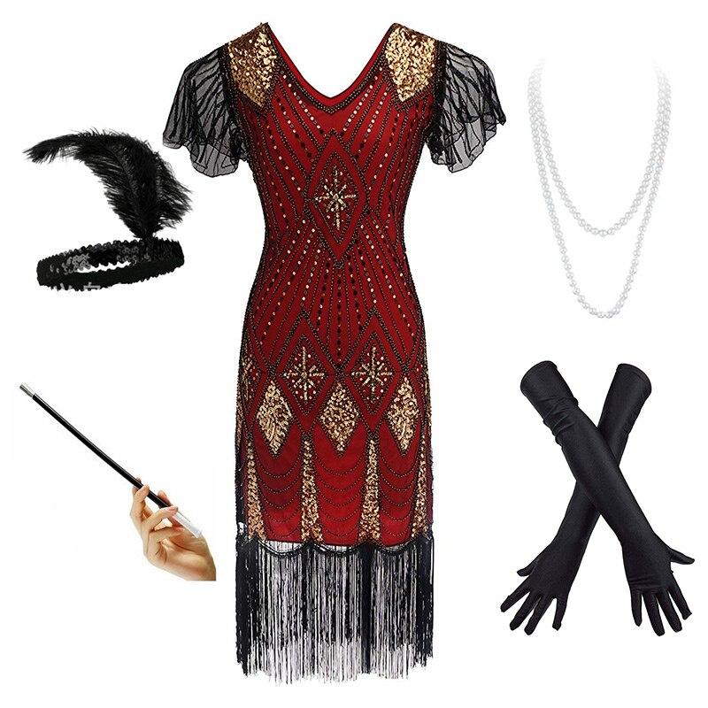 Robe Année 20 Prohibition Rouge et Or (Avec Accéssoires) - Louise Vintage