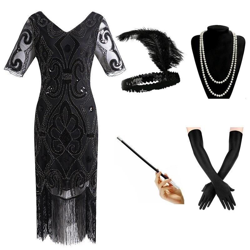 Robe de Soirée Années 20 Noir Argent (Avec Accéssoires) - Louise Vintage