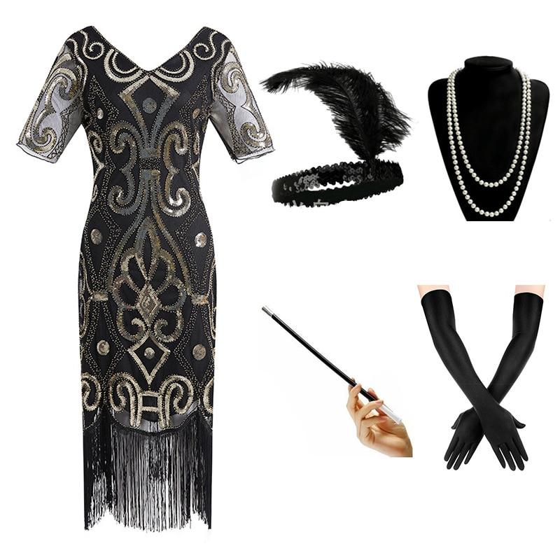 Robe de Soirée Années 20 Noir Or (Avec Accéssoires) - Louise Vintage