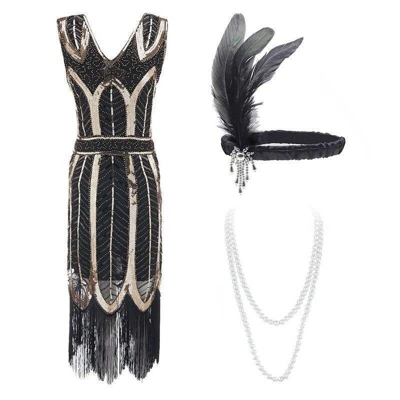 Robe des Années 20 30 Dorée (Avec Accéssoires) - Louise Vintage