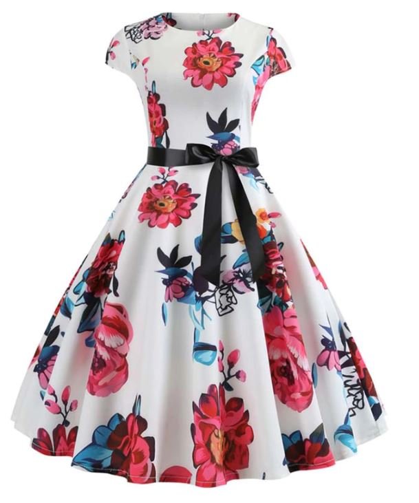 Robe Evasée Vintage Blanche et Rose - Louise Vintage