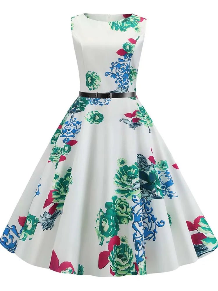 Robe Evasée Vintage Blanche Fleurs Chaudes - Louise Vintage