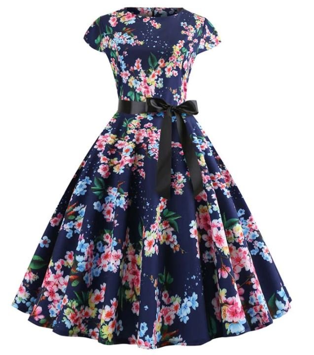 Robe Evasée Vintage Bleue Petites Feuilles - Louise Vintage