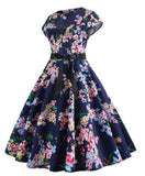 Robe Evasée Vintage Bleue Petites Feuilles - Louise Vintage