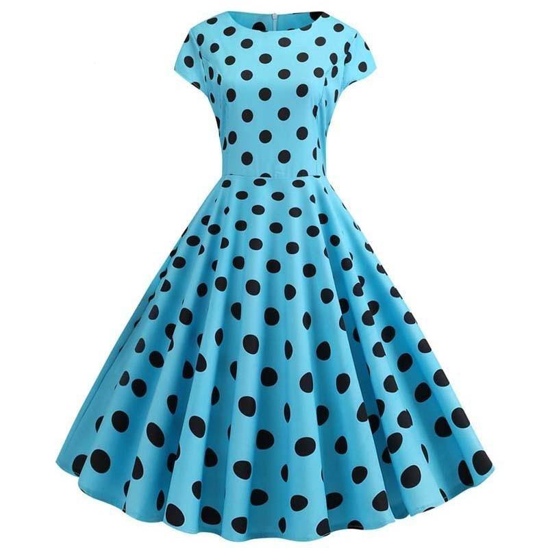 Robe Evasée Vintage Ciel Pois Noirs - Louise Vintage