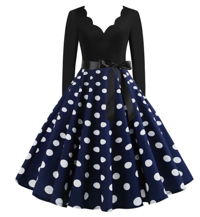 Robe Evasée Vintage Marine Pois Blancs - Louise Vintage