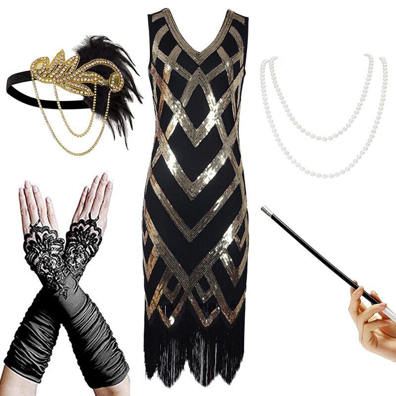 Robe Inspiration Année 20 Noir Dorée (Avec Accéssoires) - Louise Vintage