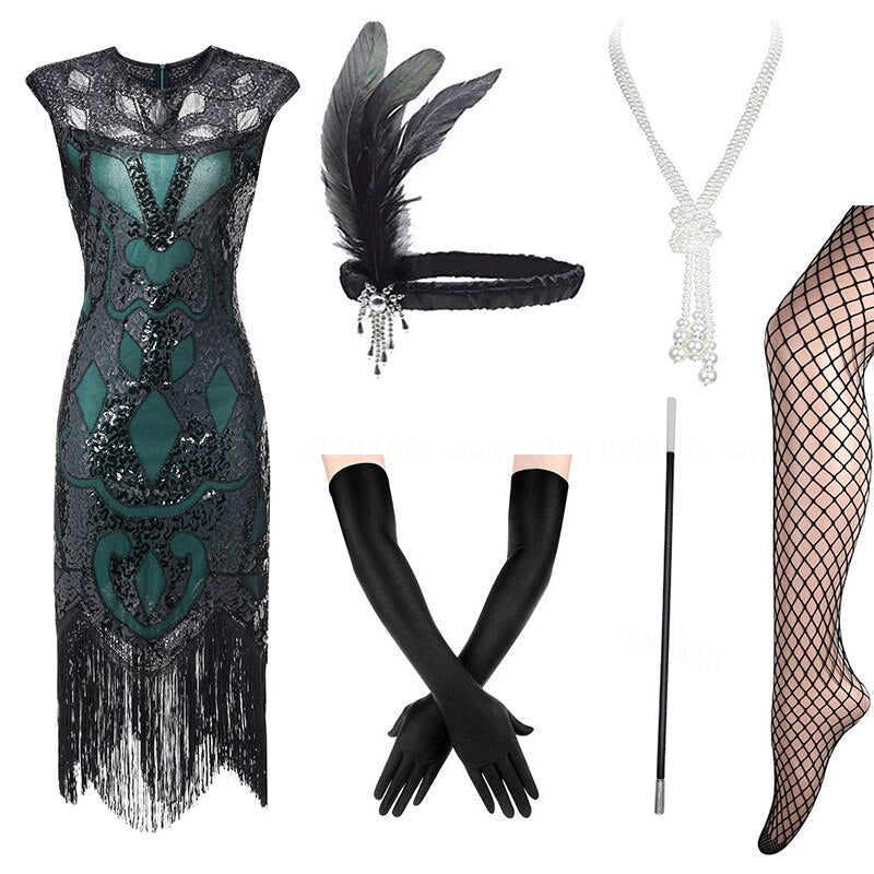 Robe Inspiration Années 20 Verte (Avec Accéssoires) - Louise Vintage