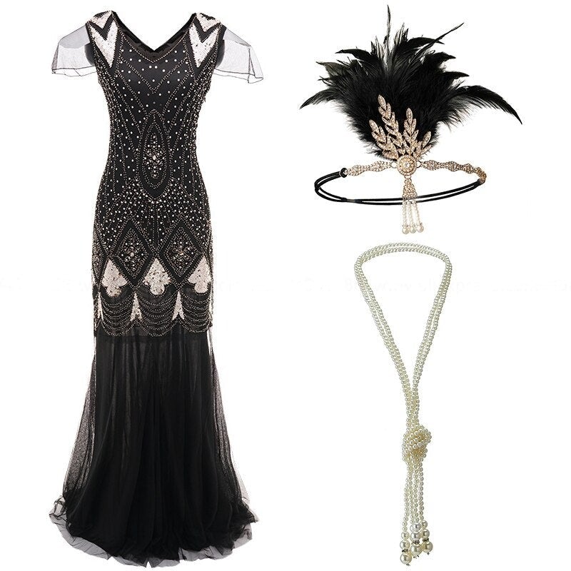 Robe Longue Style Année 20 Noir et Or (Avec Accéssoires) - Louise Vintage