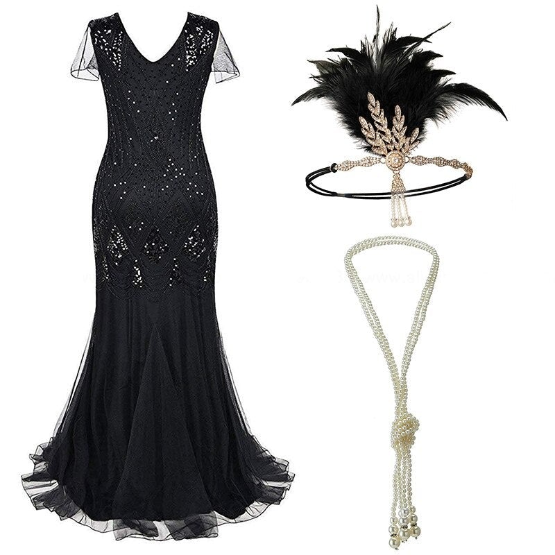 Robe Longue Style Année 20 Pur Noir (Avec Accéssoires) - Louise Vintage