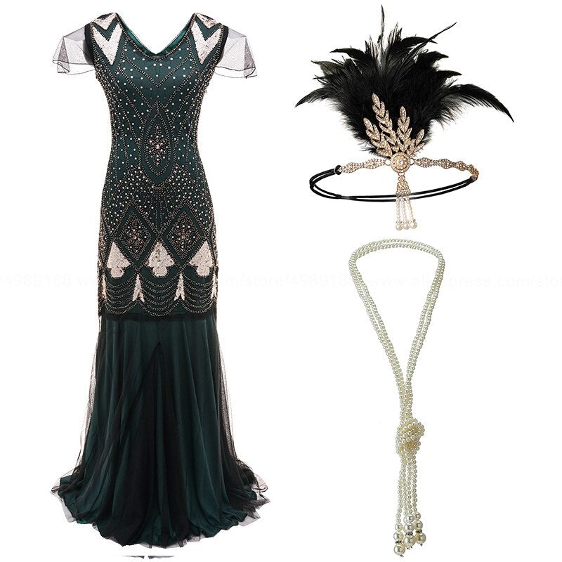 Robe Longue Style Année 20 Verte (Avec Accéssoires) - Louise Vintage