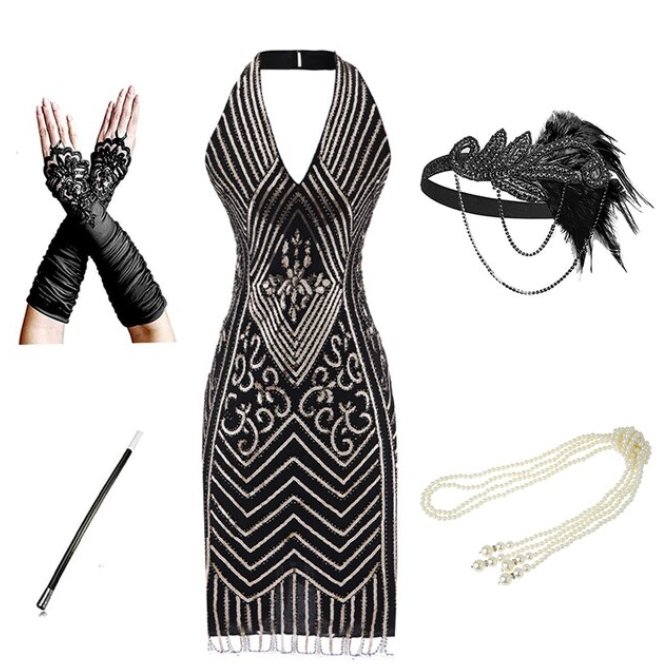 Robe Paillette Année 20 Noire (Avec Accéssoires) - Louise Vintage