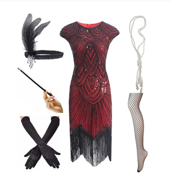 Robe Paillette Année 20 Rouge (Avec Accéssoires) - Louise Vintage