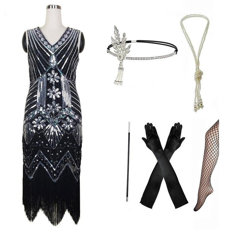 Robe Rétro Année 20 Argent (Avec Accéssoires) - Louise Vintage