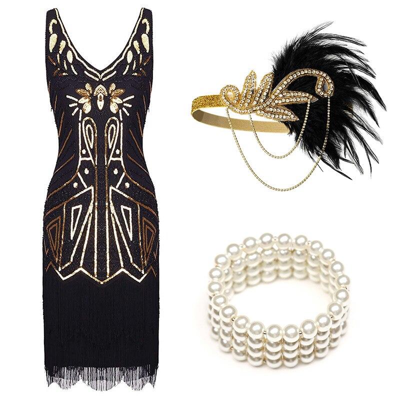 Robe Soirée Année 20 Noire Or (Avec Accéssoires) - Louise Vintage