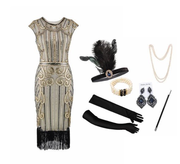 Robe Style Année 20 30 Beige (Avec Accessoires) - Louise Vintage