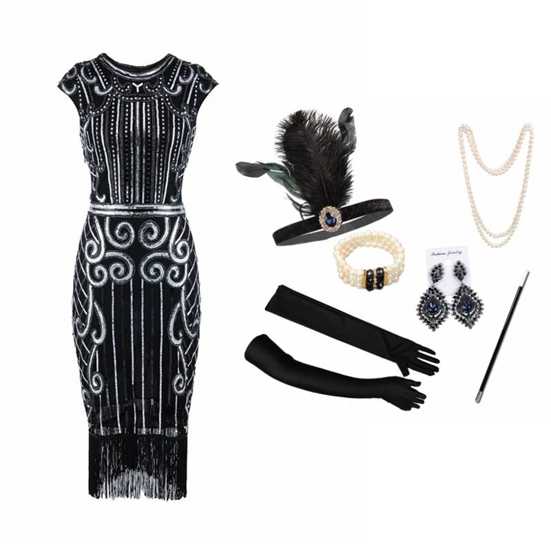 Robe Style Année 20 30 Noire (Avec Accessoires) - Louise Vintage