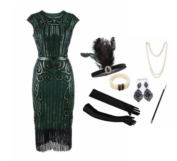 Robe Style Année 20 30 Verte (Avec Accessoires) - Louise Vintage