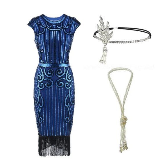 Robe Taille Basse Année 20 Bleu (Avec Accessoires) - Louise Vintage