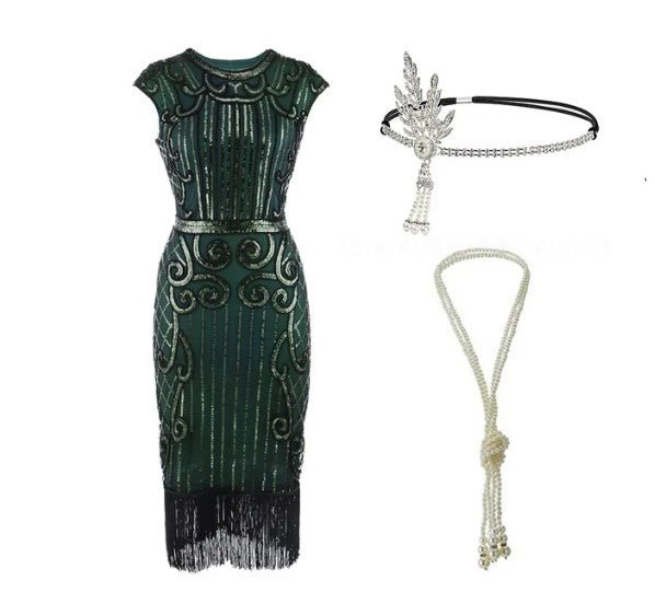 Robe Taille Basse Année 20 Vert (Avec Accessoires) - Louise Vintage