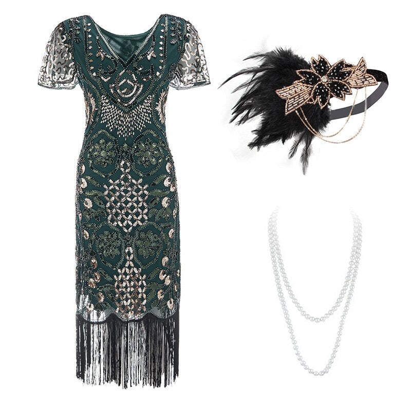 Robe Verte Soirée Thème Années 20 (Avec Accéssoires) - Louise Vintage