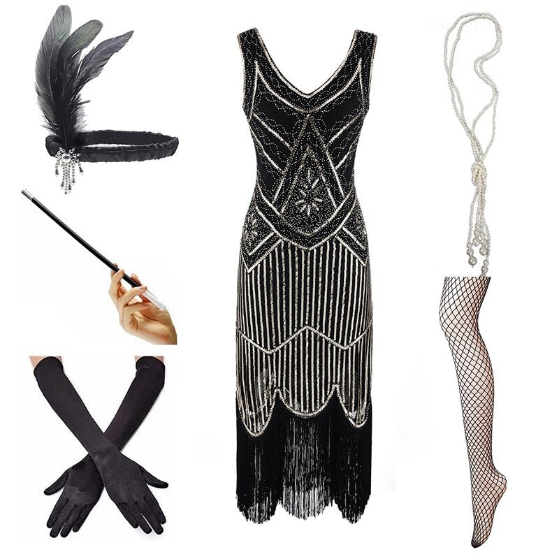 Robe Vintage 1920 Noir Or (Avec Accéssoires) - Louise Vintage