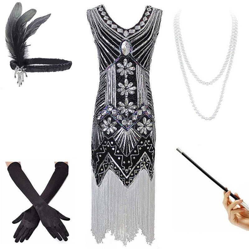Robe Vintage Année 20 Argent Noir (Avec Accéssoires) - Louise Vintage