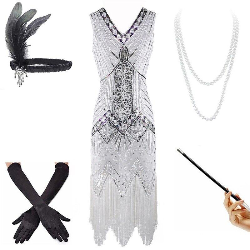 Robe Vintage Année 20 Blanche (Avec Accéssoires) - Louise Vintage