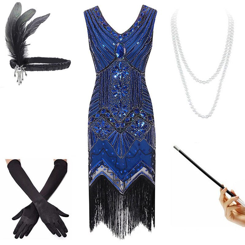 Robe Vintage Année 20 Bleu ( Avec Accéssoires) - Louise Vintage