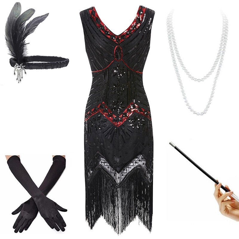 Robe Vintage Année 20 Rouge et Noire ( Avec Accéssoires) - Louise Vintage