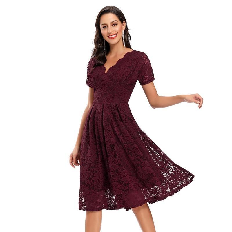 Robe Vintage Col en V Dentelle Bordeaux - Louise Vintage