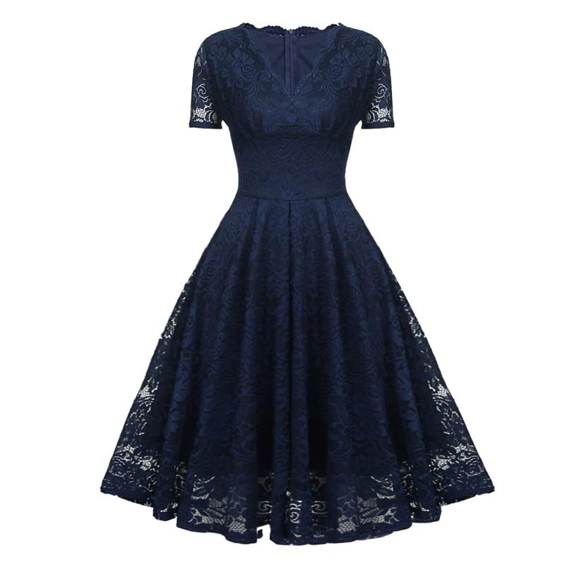 Robe Vintage Col en V Dentelle Marine - Louise Vintage