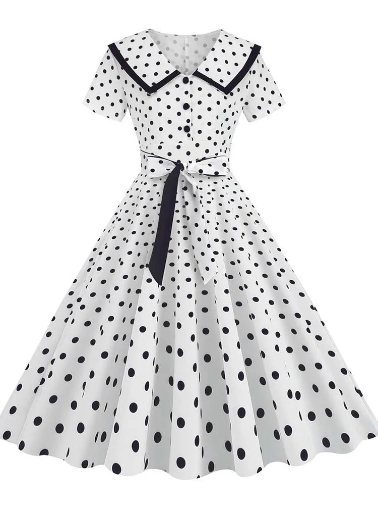 Robe Vintage Col Rond Blanche Pois - Louise Vintage