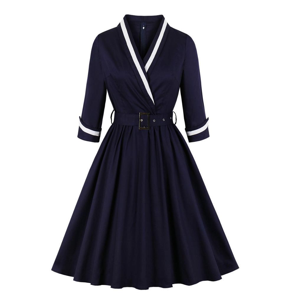 Robe Vintage Grande Taille Col V Marine - Louise Vintage