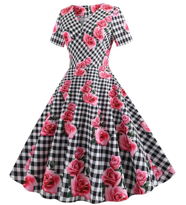 Robe Vintage Romantique Noir Carreaux - Louise Vintage