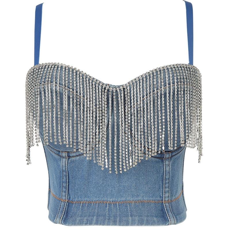Top Vintage Bustier Blue Jeans Perles - Louise Vintage